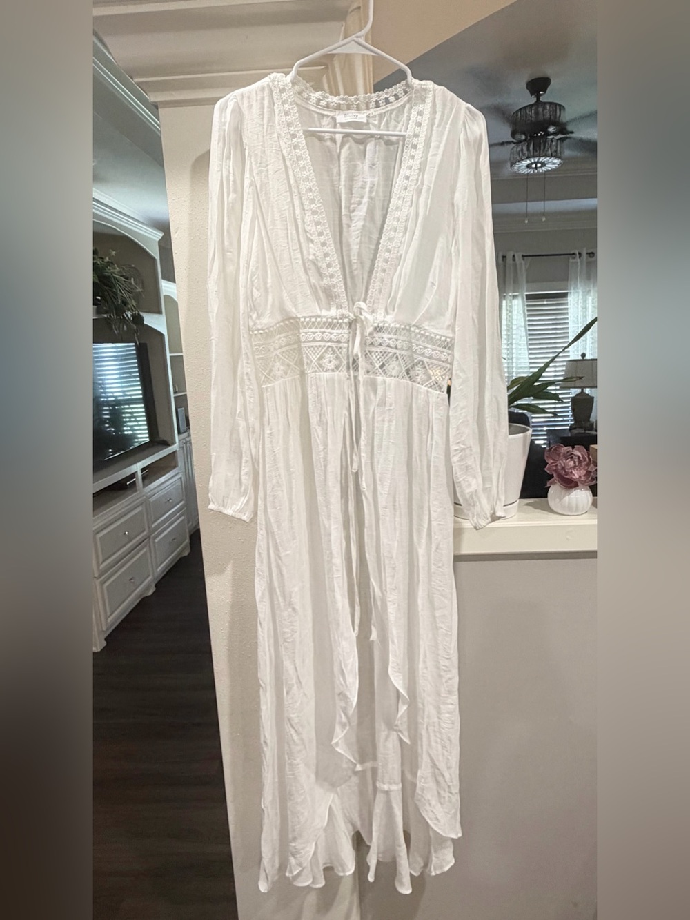 Bluivy White Crochet lace -Trim Long Tie-Front duster sz S